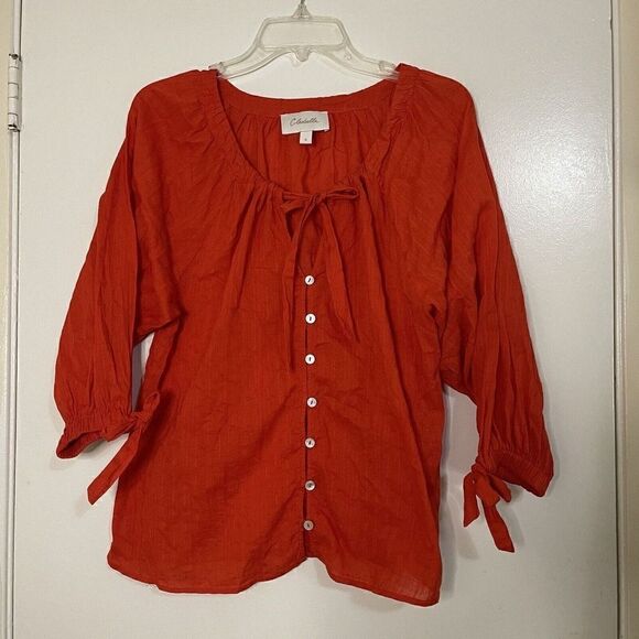 CLEOBELLA Ryan Red organic cotton button front sleeve tie blouse top US Small - Picture 3 of 6